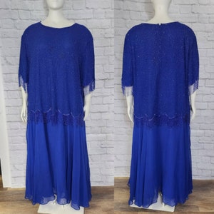 Vestido maxi estilo flapper con cuentas azules, talla grande 6XL, con flecos y lentejuelas - Gatsby de los años 80 y 1980, estilo años 20.