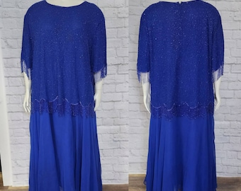 Plus Size 6XL Blue Beaded maxi Flapper Dress sequin fringe dress - Gatsby 80s 1980s does 1920s 20s style