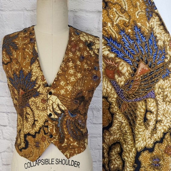 90s Beaded Waistcoat Vest Floral Gold Cord pearl … - image 2