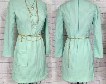 70s Mini Dress, rib stripe, long sleeve, Pastel Mint sage Green floral, Mod Pocket cottagecore Spring Vibes, M
