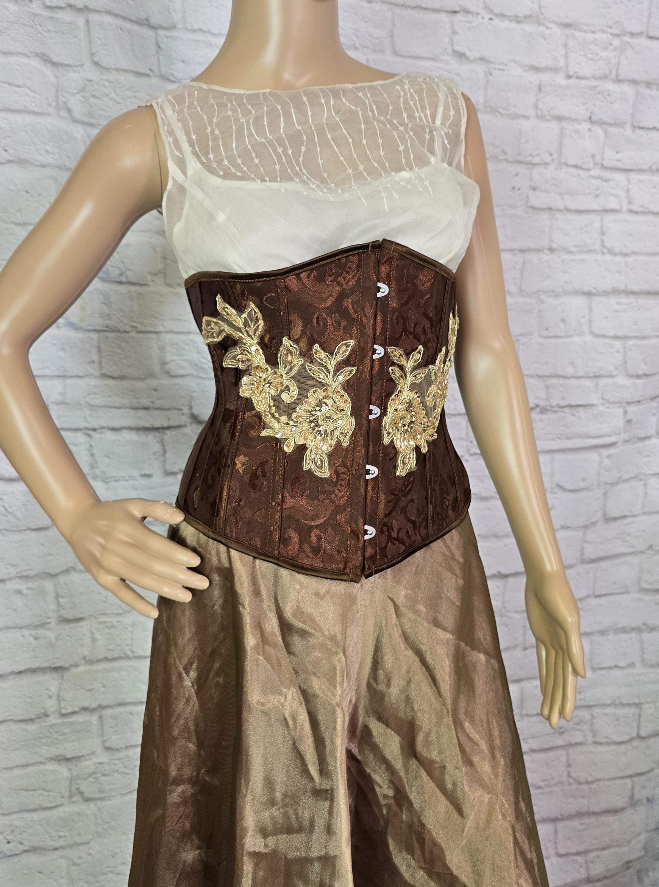Brown Brocade Waist Corset New Brown Brocade With Front White Lace Overbust Corset Gothic  main image 4
