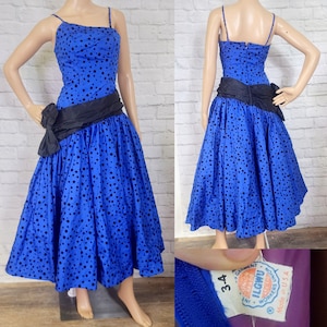 80s Prom Dress, Blue Black flocked velvet polkadot asymmetrical midi Bombshell Gown 1980s does 50s Drop Waist Bow XS image 1