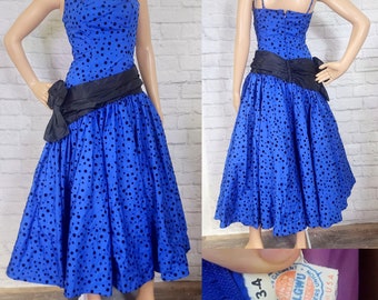 80s Prom Dress, Blue Black flocked velvet polkadot asymmetrical midi Bombshell Gown 1980s does 50s Drop Waist Bow XS
