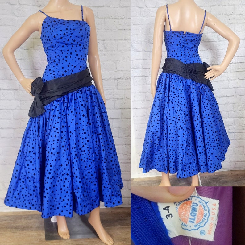 80s Prom Dress, Blue Black flocked velvet polkadot asymmetrical midi Bombshell Gown 1980s does 50s Drop Waist Bow XS image 1