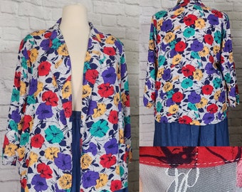 80s/90s Plus size Blazer Novelty Floral, purple red yellow Jacket Size Large oversized flowy light weight blazer