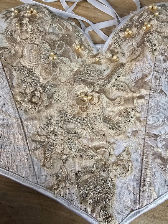 Overbust Corset, Gold White Floral Brocade, Corset Waist Cincher