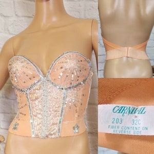 70s/80s Sequin Festival Top, Long Line Bra, strapless low back Pinup Burlesque Corset Bustier- Peach Silver Stars, Pinup- 32C
