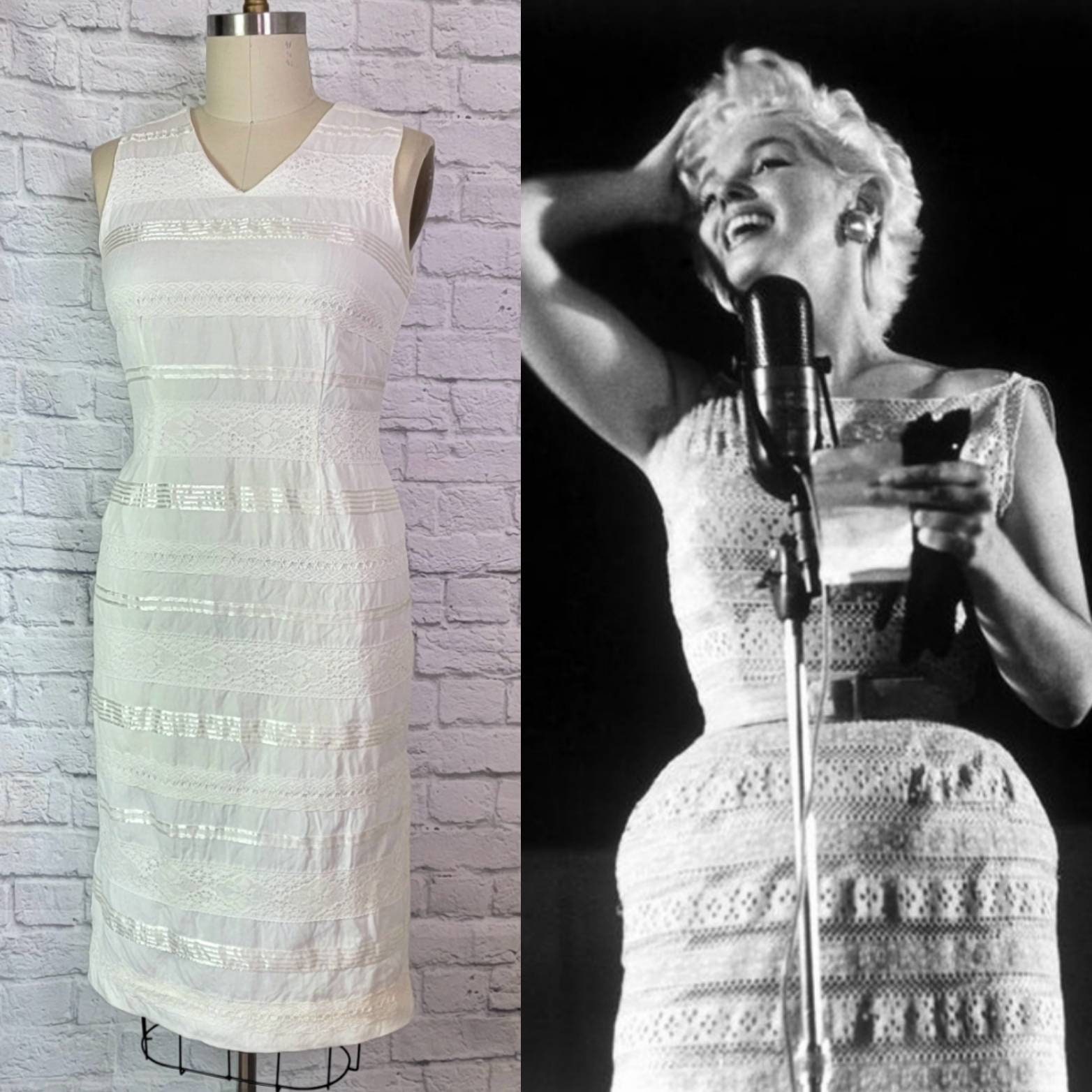 White Vintage 90s Shift Dress Lace Stripe Trims Marilyn