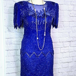Vestido estilo charlestón con cuentas Vestido de seda con flecos y lentejuelas azules - Laurence Kazar - Gatsby de los años 80 y 1980, estilo años 20