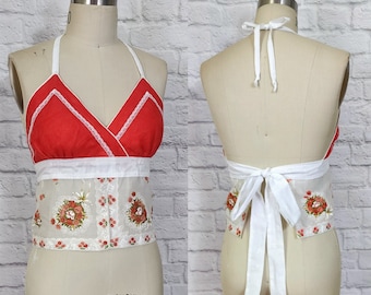 Handmade halter top, Boho Festival, Vintage Hanky handkerchief, Red White Eyelet Floral fly away top Triangle bra, one of a kind, Upcycled