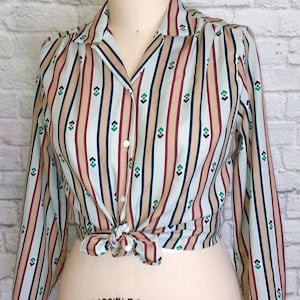 80s Stripe Secretary Shirt Top Collar Button Down Long Sleeve Blouse Plus size 14 professional shirt vintage retro blouse