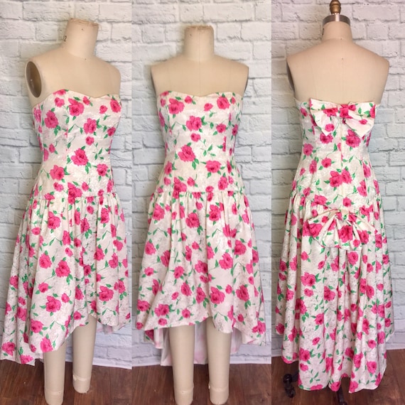 1980s Strapless Bombshell Gown Pink floral Rose Pr