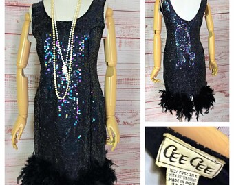 80s/90s mini dress, feather boa hem- Party Dress Black iridescent sequin tank does 60s