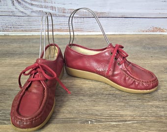 1970s Burgundy Leather Shoes, Lace up Loafer Casual walking, Granny loafer Shoes, SAS, Comfortable arch support