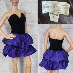 Vintage Dress 1980s double Bubble Black Vlevt Purple, Gunne Sax, Party Prom Formal Rocker Size S/M image 1