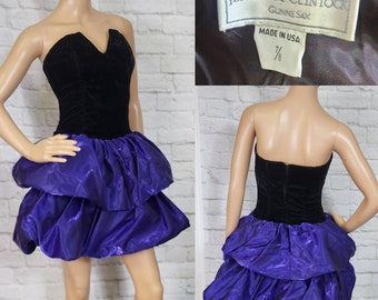 Vintage Dress 1980s double Bubble- Black Vlevt Purple, Gunne Sax,  Party Prom Formal Rocker Size S/M