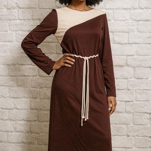 70s Disco Dress burgundy brown cream asymmetrical colorblock two tone shift Size M/L