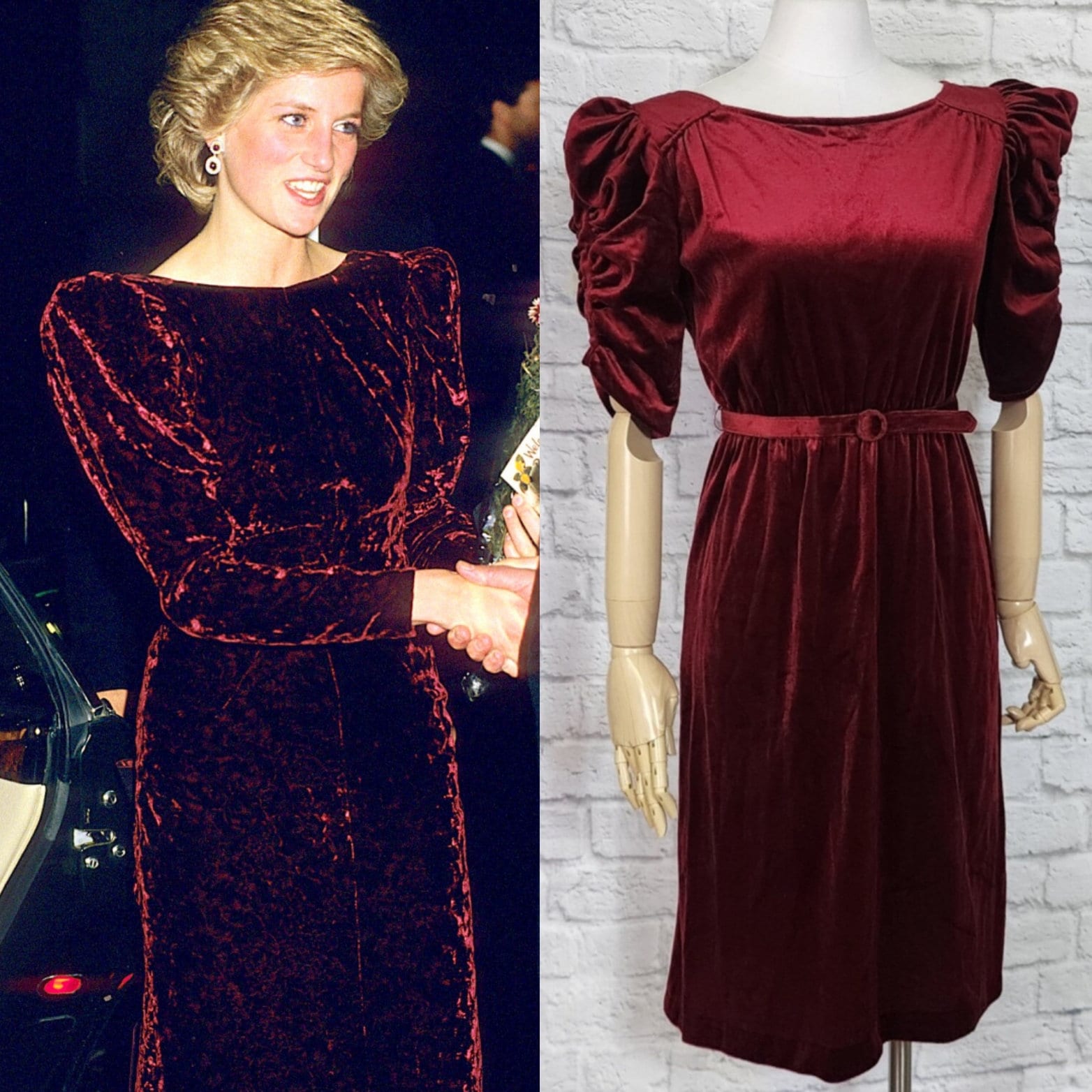 70s/80s Dress Cranberry Red Stretch Velvet Puff Sleeves Valentines