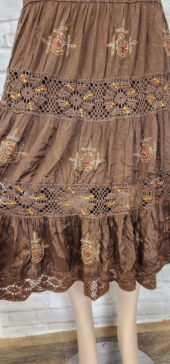 Y2K 90s Skirt, brown beaded flared maxi ruffle ti… - image 3