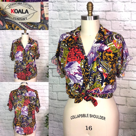Sz S 90s Multi Color Rayon Shirt Abstract Print Short Sleeves