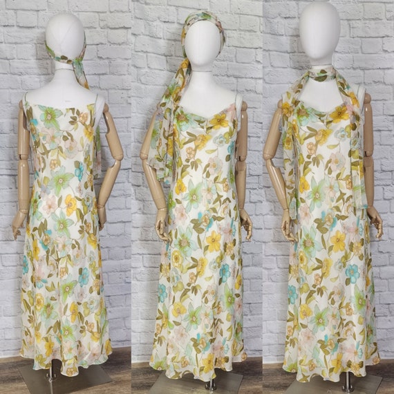 90s bias cut slip dress & scarf, yellow green flo… - image 1