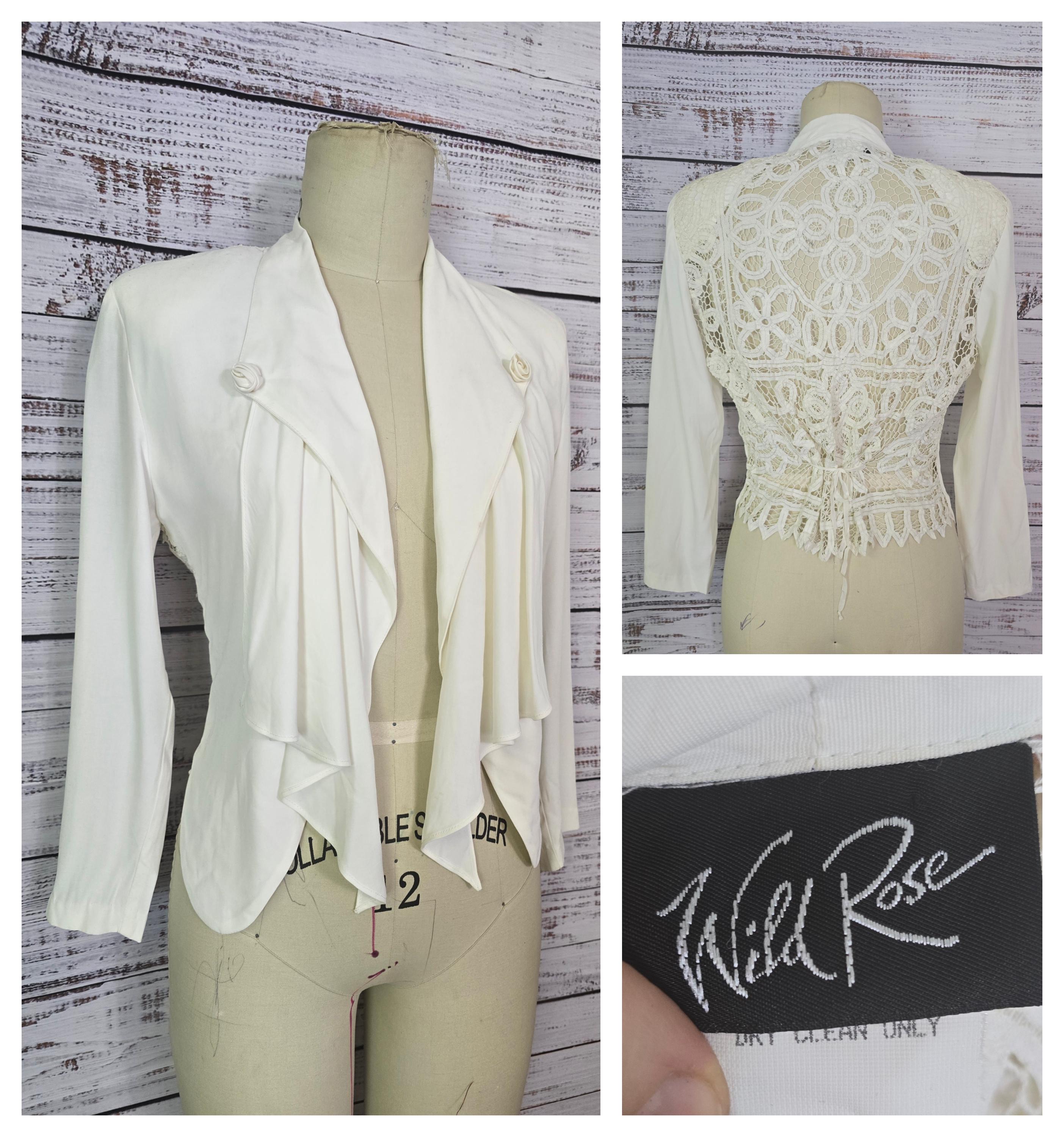 80s Ivory Lace Back Blazer, Open Front Drape, Nipped Waist Unique