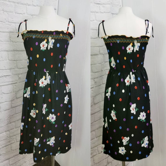 70s/80s Black polkadot tie strap sundress casual … - image 1