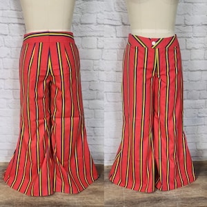 Retro 60/70s style Wide Leg Pants, jeans trousers, Striped flares Bell bottoms printed denim cotton M