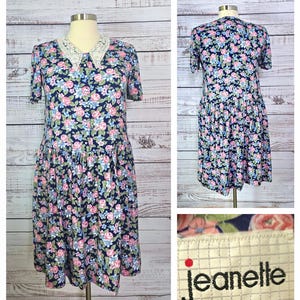 90s midi dress, Plus Size, button front lace collar, drop waist, rayon floral, whimsigoth Grunge,  navy pink