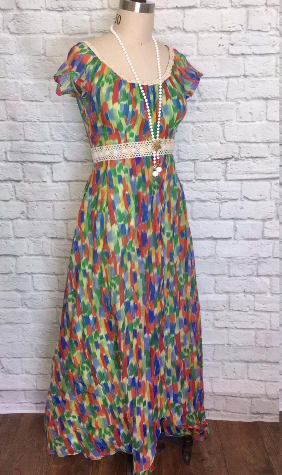 1970s Empire Waist Chiffon Maxi Dress, Boho High Low Front Faux Wrap ...