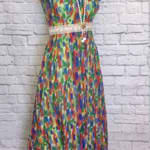 1970s  Empire Waist Chiffon Maxi Dress, Boho High Low Front Faux Wrap, Peasant Blouse Neckline, Crochet Lace- Green Chiffon Print