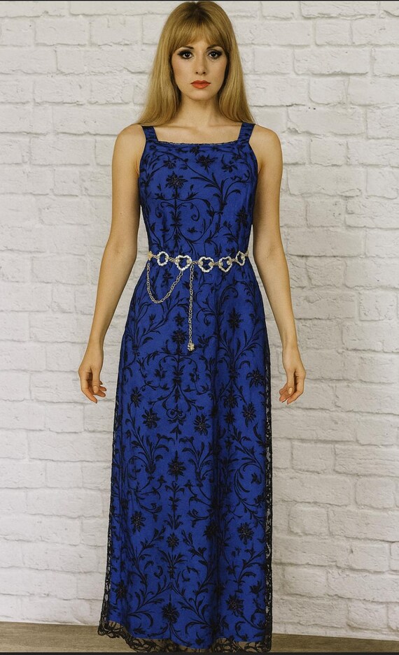 Y2k Black Velvet Blue Maxi Dress Square Neckline Witchy Vibes Sz S Whimsigoth Flocked Mesh