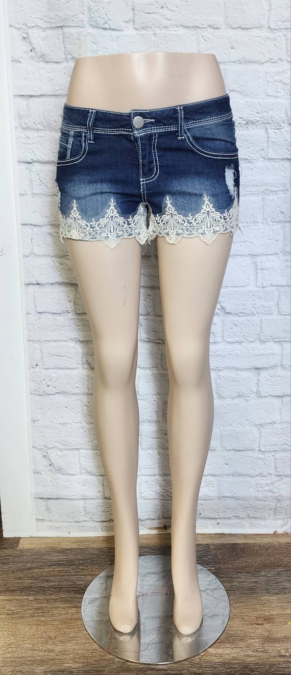 Y2K 00s Denim Short Dark Wash Low Rise Waist Daisy Dukes Lace Hot Pants Small Etsy