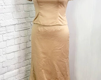 90s Gold Satin 2pc Dress Bridesmaid Cut Prom Formal mermaid skirt