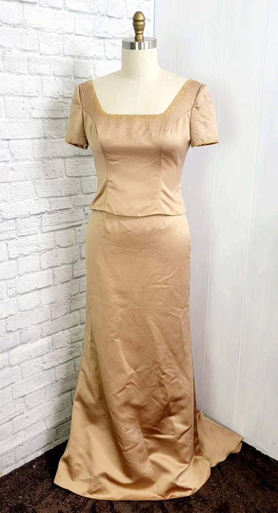 90s Gold Satin 2pc Dress Bridesmaid Cut Prom Formal Mermaid Skirt