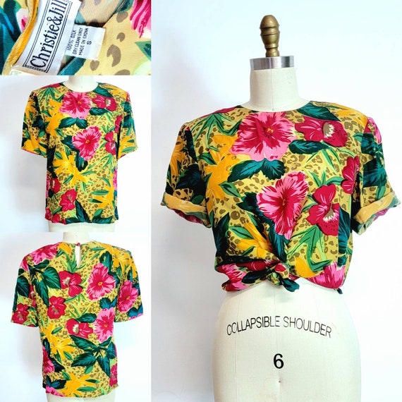 Tu eliges Blusas de seda de los anos 80 y 90 camisas estampado animal hawaiano brillante de los anos 80 estilo retro vintage sin cuello estilo