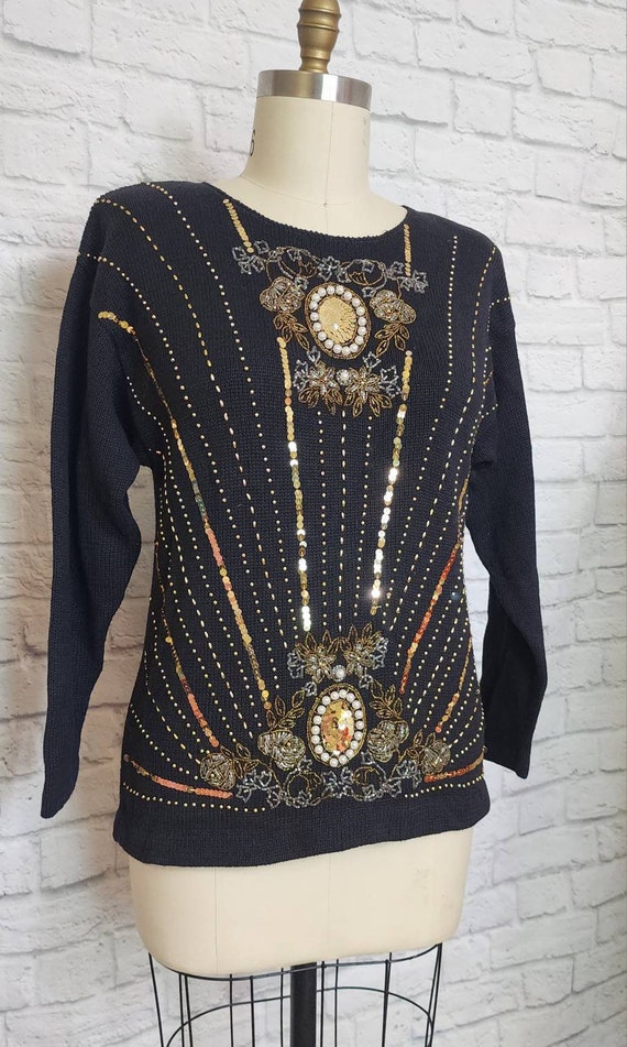 80s Sweater, Black Gold, 1980s Pullover, beaded S… - image 7