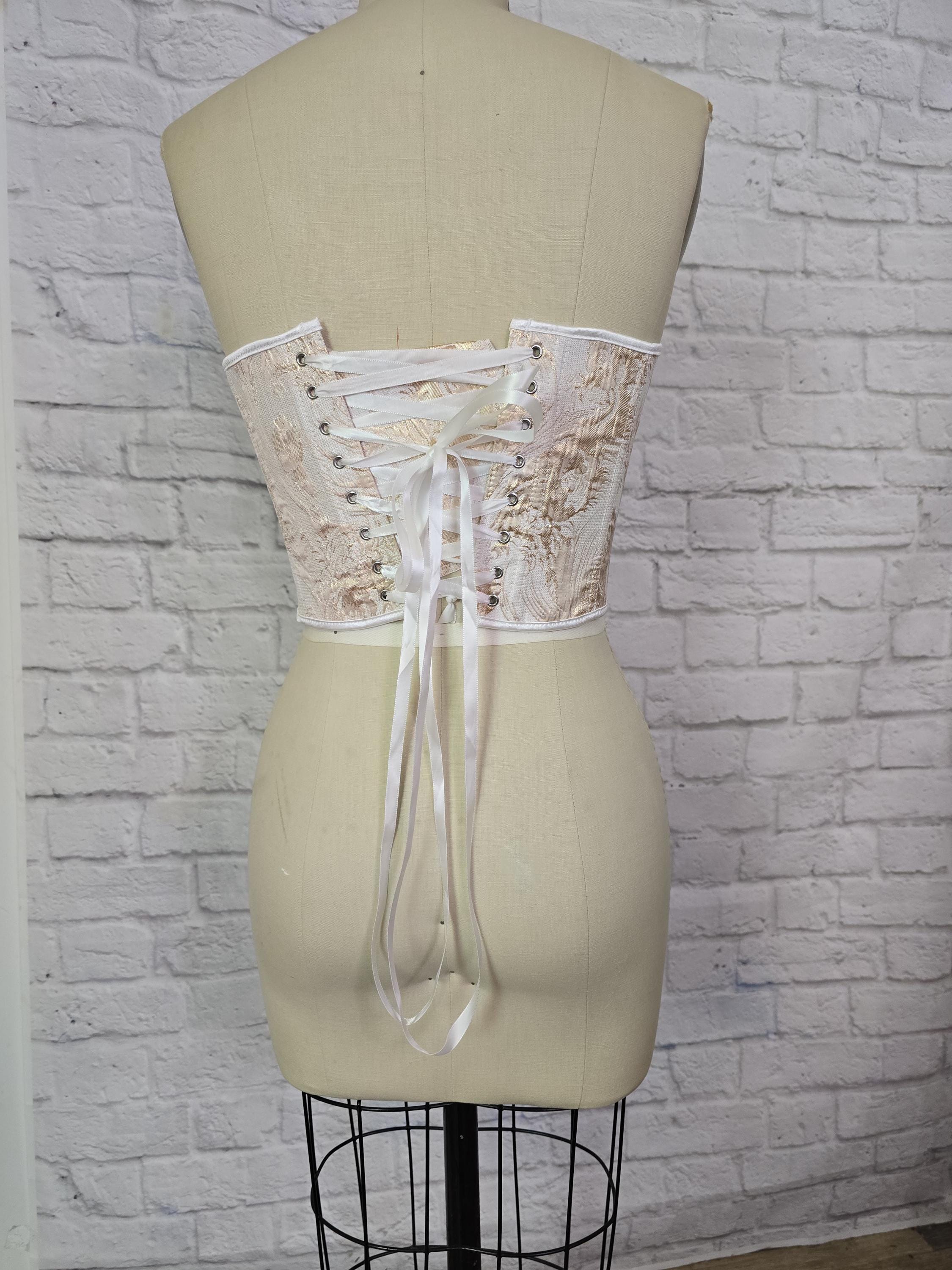 Overbust Corset, Gold White Floral Brocade, Corset Waist Cincher