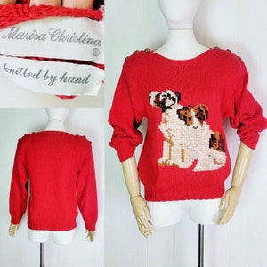 80s Handknit Red Sweater Puppy Dog print Novelty Size M, unusual Vintage, pet dog lover gift