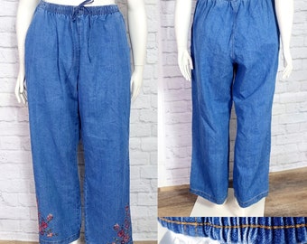 90s Plus Size jeans, wide leg, Elastic Waist, embroidered legs, draw string, casual stretch denim, high waist comfortable, Baggy casual