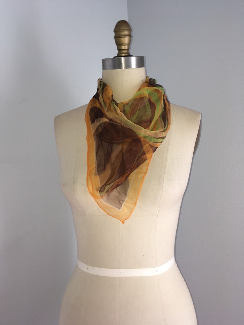 60s 70s sheer Orange Brown Green Scarf neck Hair Tie