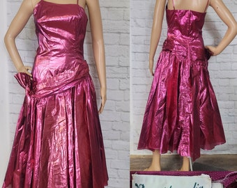 80s Prom, Pink Fuschia Lame, Drop waist,  Dress Rocker Jem Metallic Bow size Small, 1980s fashion doll barb.