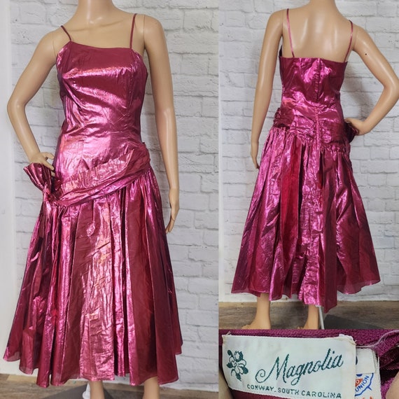 80s Prom, Pink Fuschia Lame, Drop waist,  Dress R… - image 1