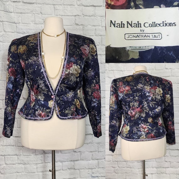 80s Plus Fitted Blazer Jacket, Navy Blue Floral L… - image 1