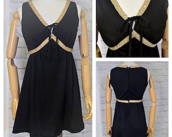 60s/70s Babydoll Dress Black empire mini sleevless silver gold trim, keyhole neckline xs