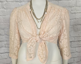 Vintage 70s Tie front Top, Peachy Lace, three quarter sleeve,  Hippie Boho Fairycore Stevie Style Nicks
