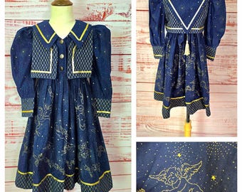 90s Toddler Celestial Dress & Vest, 3T, Navy Gold Puff sleeves Whimsigoth Little Girl child, Large Collar Tassel