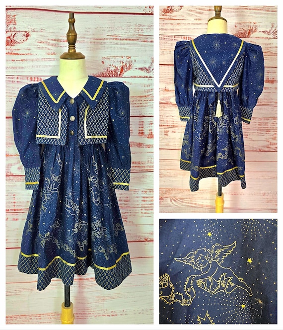 90s Toddler Celestial Dress & Vest, 3T, Navy Gold Puff sleeves Whimsigoth Little Girl child, Large Collar Tassel