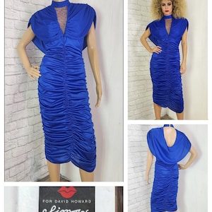 80s Slinky Prom Party Dress, Sheer Bust Draped Bodycon Tulip Skirt- Slinky Knit Vamp Glam Size S/M Blue cobalt