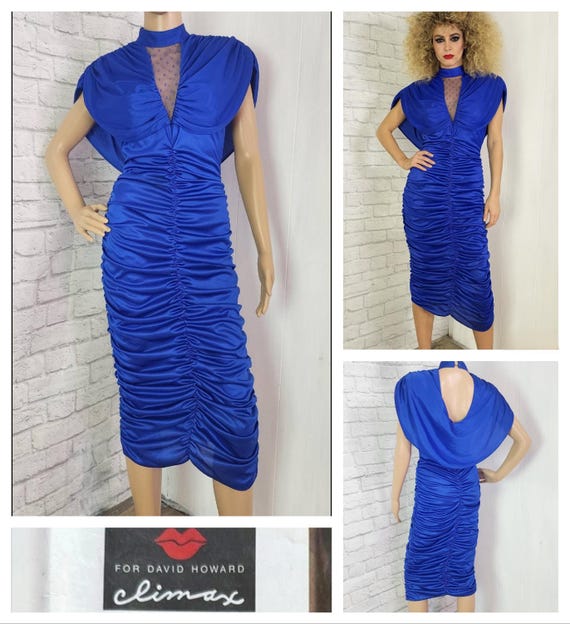 fray hemline bodycon dress 80s Slinky Prom Party Dress, Sheer Bust Draped Tulip Skirt- Slinky Knit Vamp Glam Size S/M Blue Cobalt DecSea Women's V-Neck Dress 3pcandiscount-jul26 editorial finish to the Color:Moonlight Blue